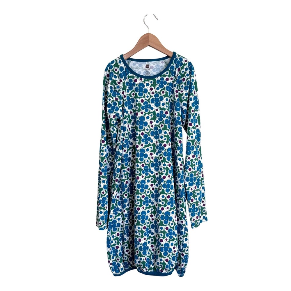 Tea Collection Girls Floral Long Sleeve Bubble Dress Size 12 Teal Green Cotton